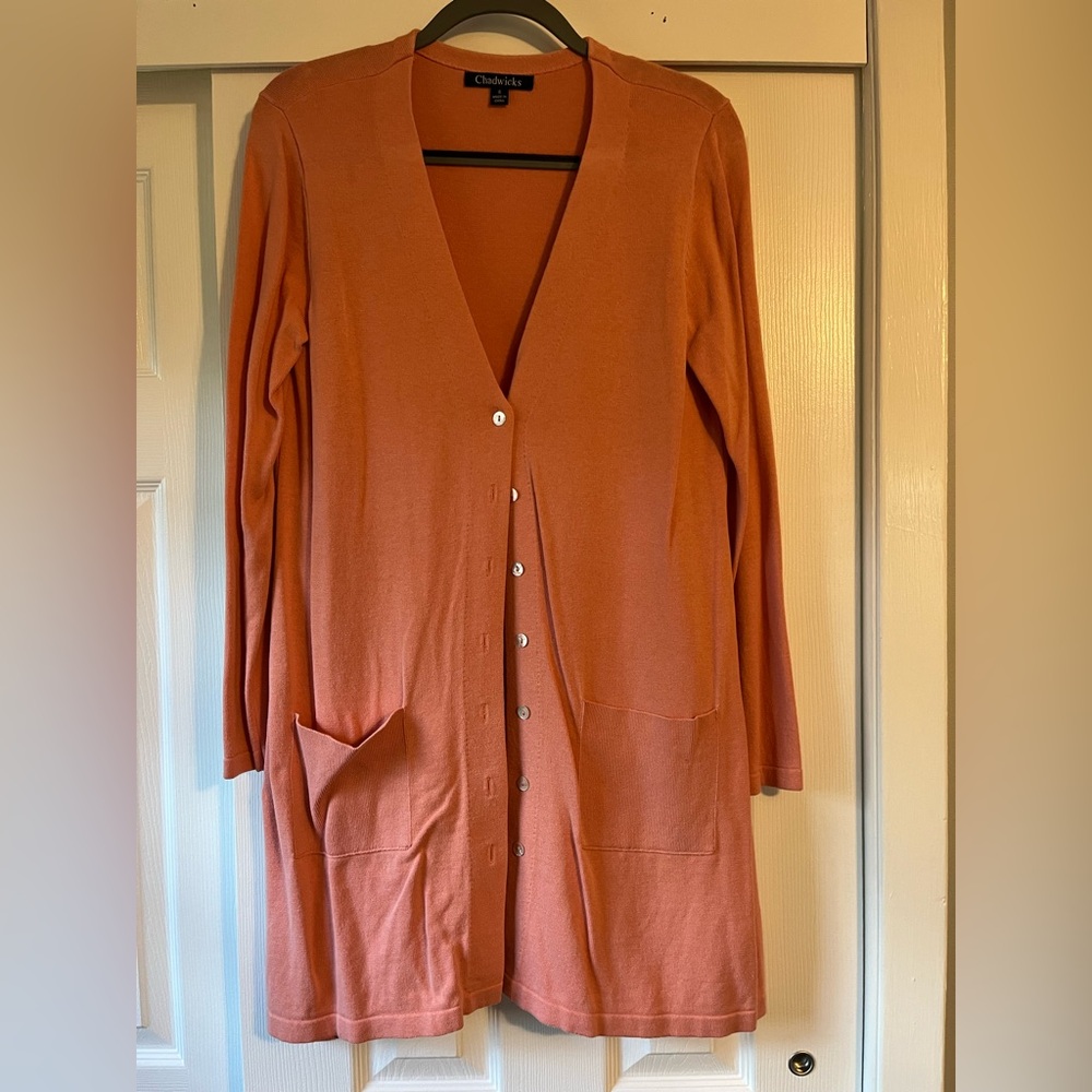 Chadwicks Coral Peach Button Front Long Cardigan